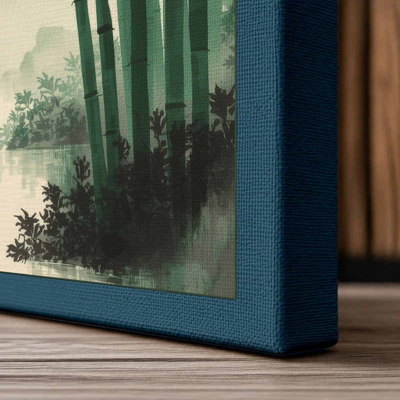 Misty Bamboo Corridor Japandi - Wrapped Canvas, 30x20 - 76.2 x 50.8 cm, Teal Border