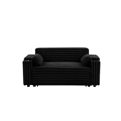 Black Corduroy Convertible Bed Featuring A Pull - Out Bed, Cup Holders In , And Charging For Smart Devices With Charging, Hidden Storage, Comfortable Foam Filling