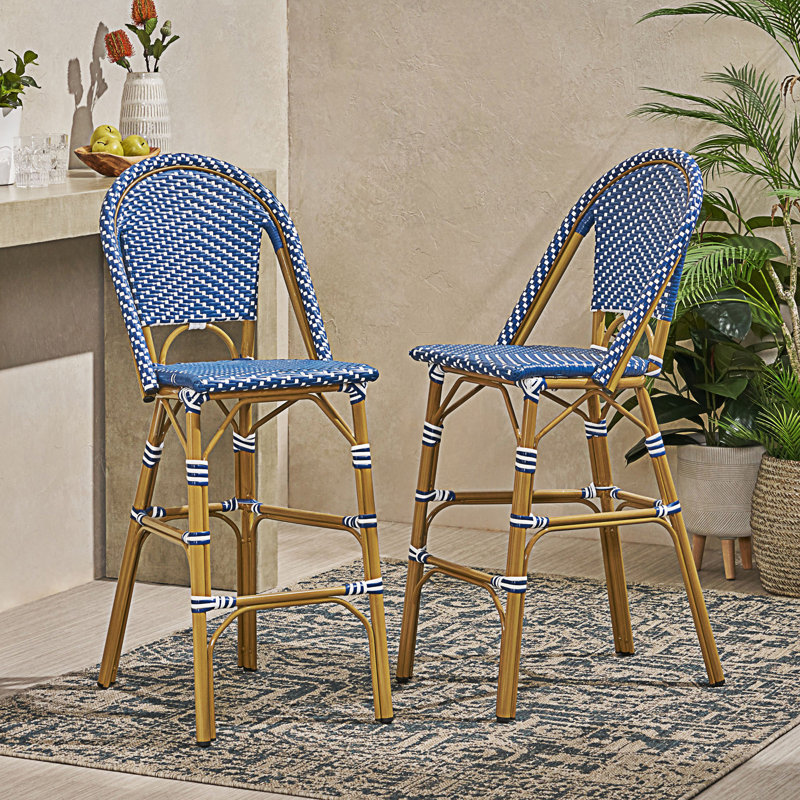 Set Of 2 Outdoor PE Rattan French Barstool, Teal Blue