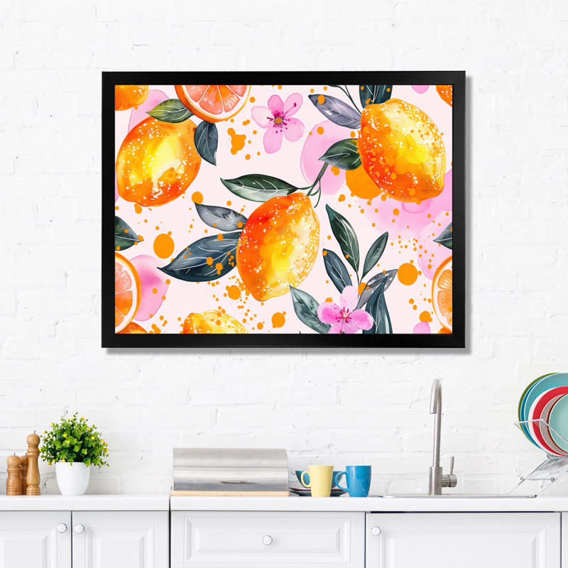 Décoration murale jaune, jaune, floral, orange, arbres I - fruits, H 24 po x l 32 po, Cadre simple noir