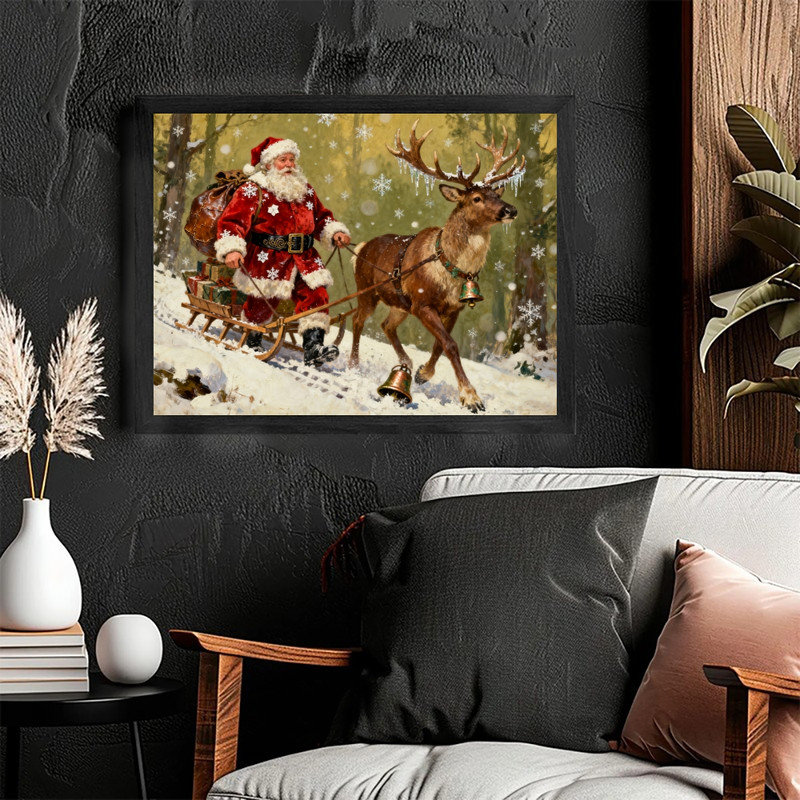 Art mural rétro noir avec père Noël et renne - impression encadrée de scène de Noël enneigée, H 11 po x l 9 po