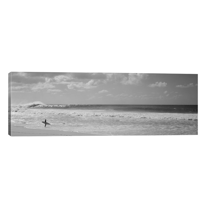Surfer Standing On The Beach, North Shore, Oahu, Hawaii, USA - No Frame Panoramic Print on Canvas