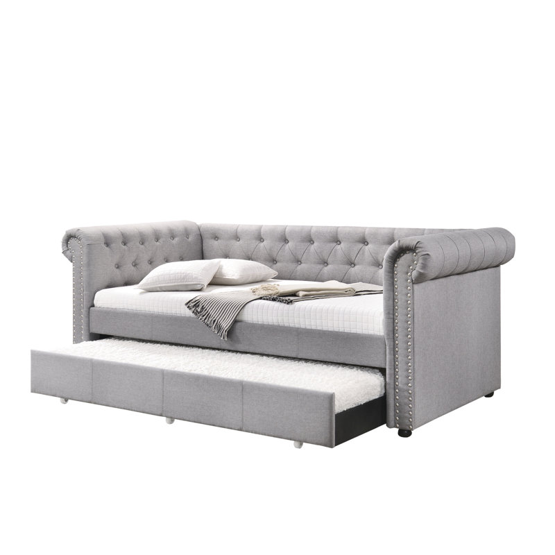 Panneaux latéraux roulés pour lit de jour et lit gigogne en tissu gris, capacité de poids de 660 lb avec bouton simple, roulettes