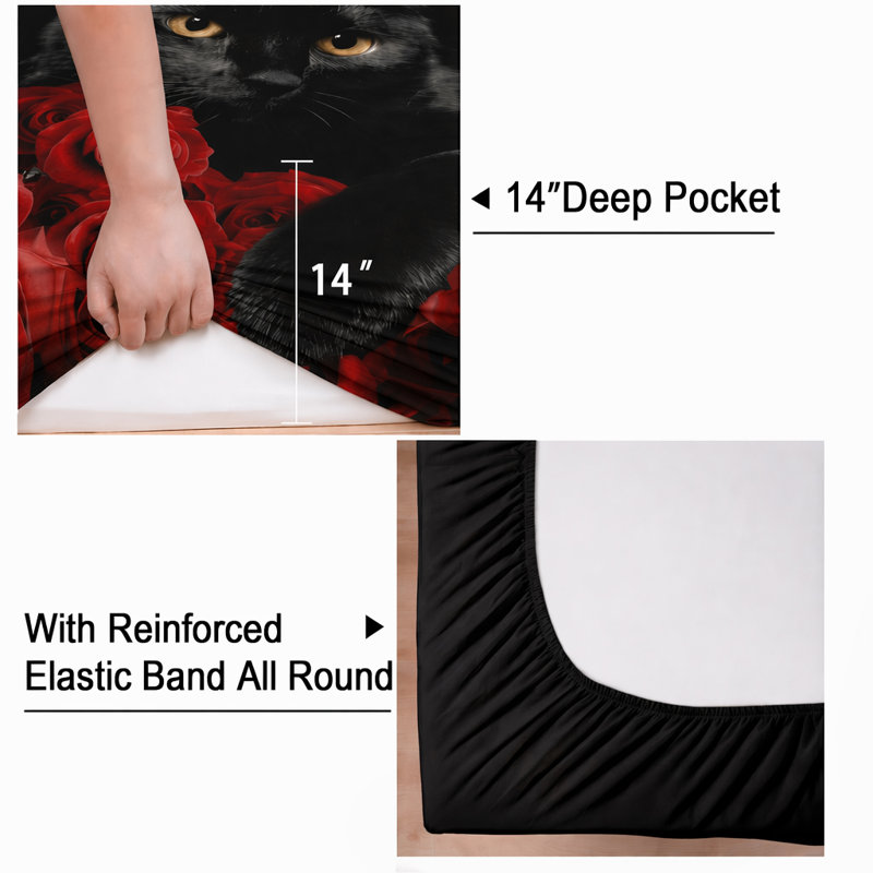 Sheet Set, Twin Sheet Set with 1 Pillowcase, Black Cat Red Rose