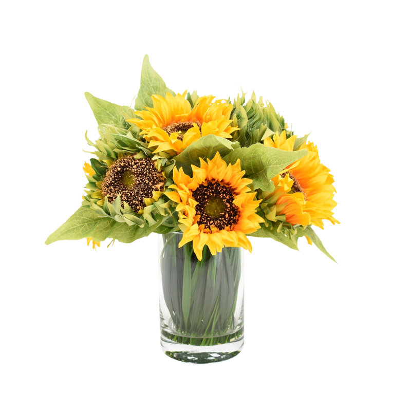 Sunflowers In Glass Vase With Grass, Yellow