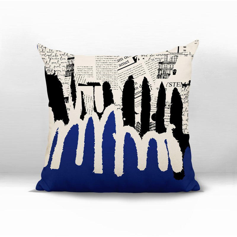 Oreiller carré réversible intérieur / extérieur Kisha, Bleu marine / noir / blanc cassé abstrait, H 15 po x l 15 po