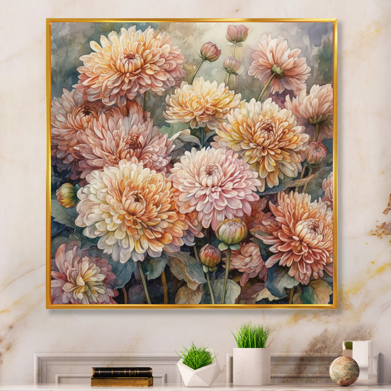 «Rondall Orange Pink Chrysanthemum Scenery II», reproduction sur toile, H 16 po x l 16 po x P 1 po, Cadre flottant doré