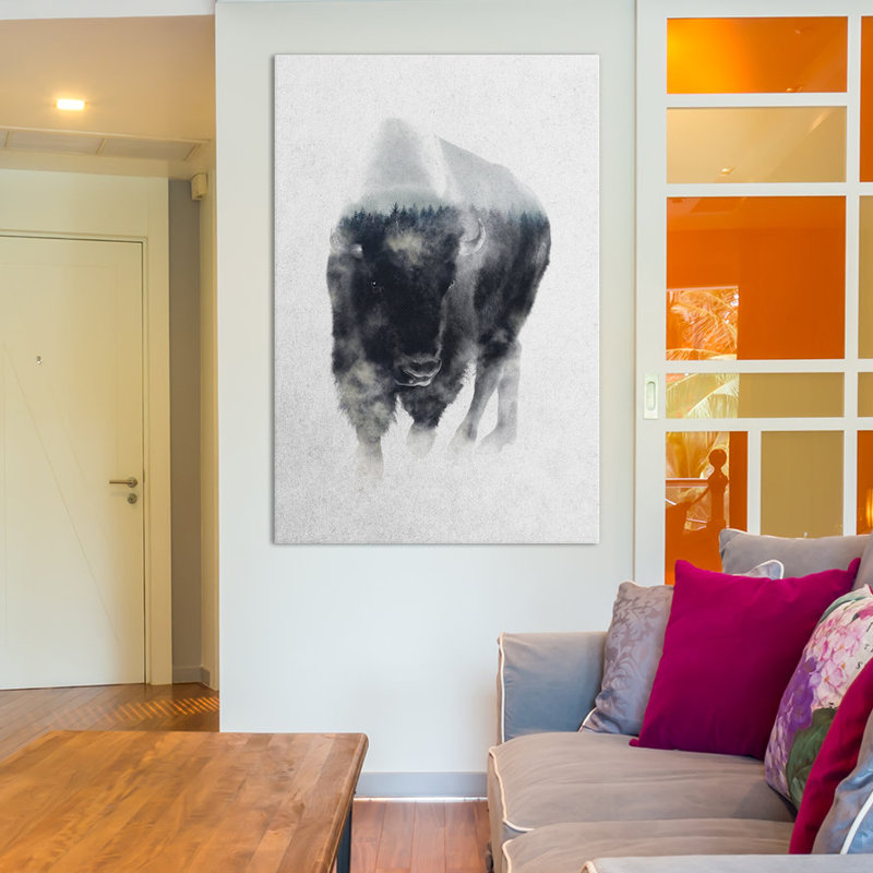 «Bison in Mist», reproduction de photo sur toile tendue, Pas de tapis, Toile avec cadre noir, H 26 po x l 18 po x P 1,5 po