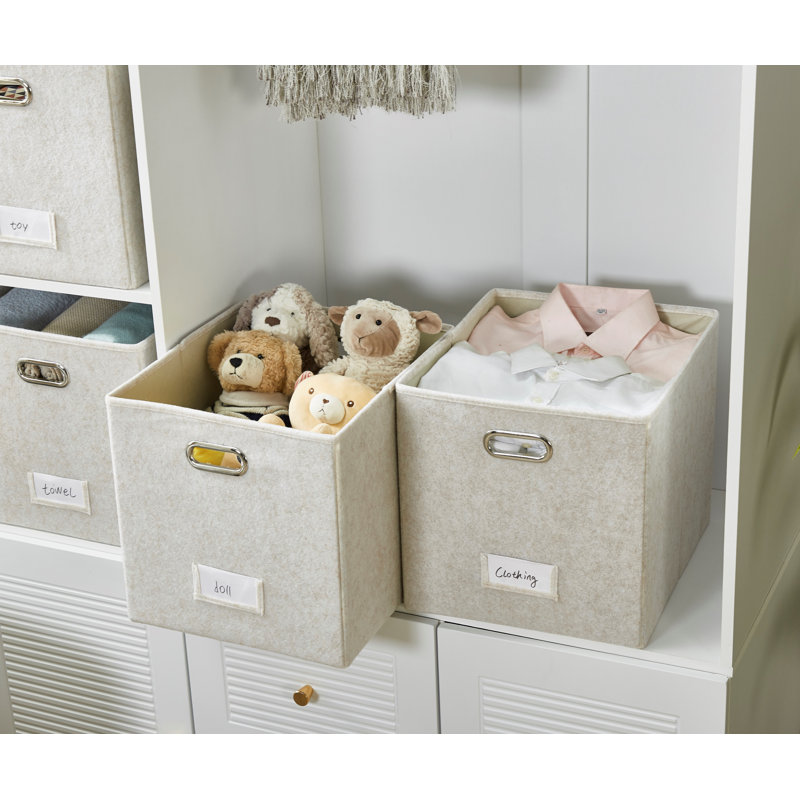 Bac de rangement en forme de cube pliable 13 x 15 avec porte-étiquette et poignées en métal, Beige