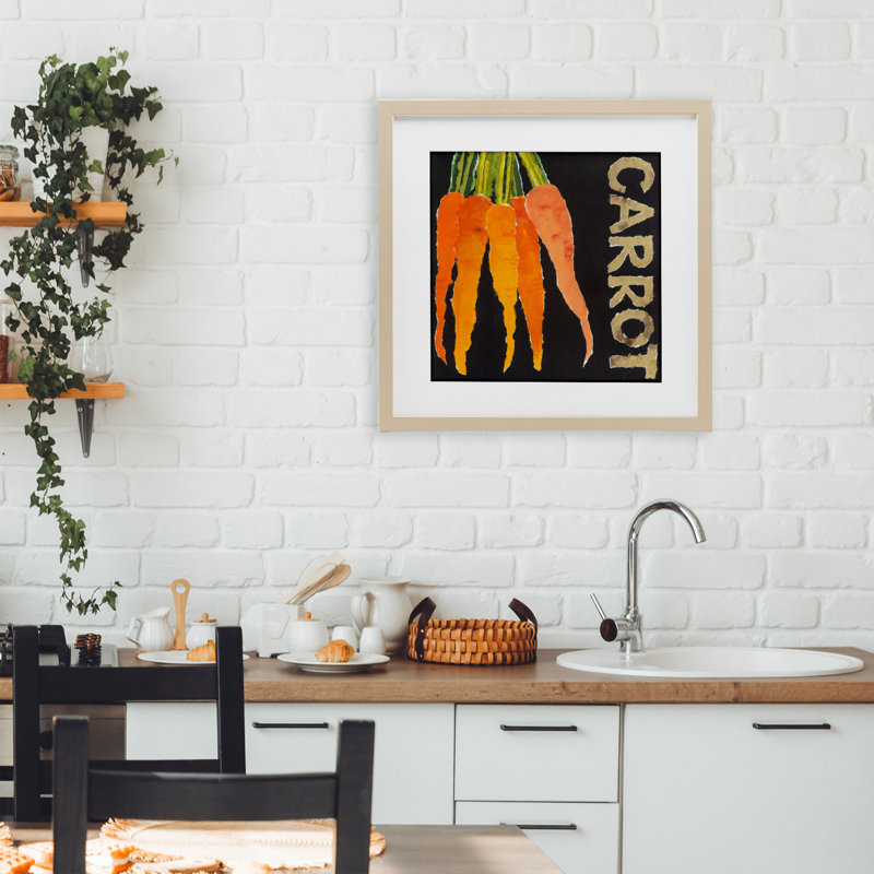 Carrot Root Vegetable Framed Print Under Glass, design by Nancy Overton, 16" H x 16" W, Harvest Pine Frame