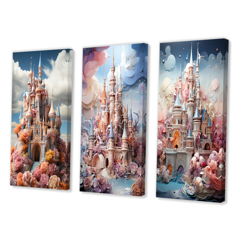 «Castles Whimsical Wonder Pastel III», 3 pièces sur toile, Toile tendue, H 20 po x l 36 po