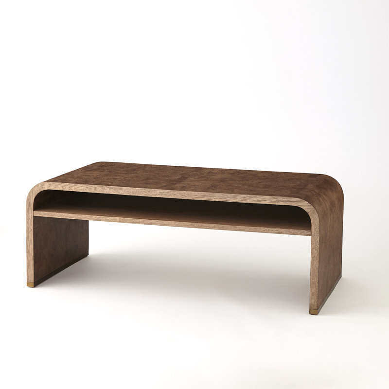 Ives Rectangular Oak Wood Cocktail Table with Bronze Metal Shelf