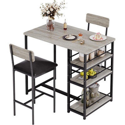 Dining Bar Table Set With 3 Storage Shelves, Pub Bar Counter Table With 2 Footrest Chairs by Ebern Designs