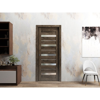 Porte coulissante à galandage avec vitrage dépoli Quadro 4445, finitions chêne cognac, quincaillerie et rail inclus, bois massif, pour chambre à coucher, portes robustes - 45,7 cm x 213,4 cm