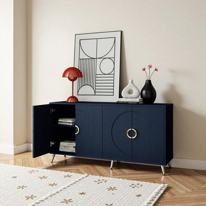 Buffet moderne bleu marine avec 4 portes et accents dorés, placage en bois massif pour le salon, la salle à manger ou le couloir