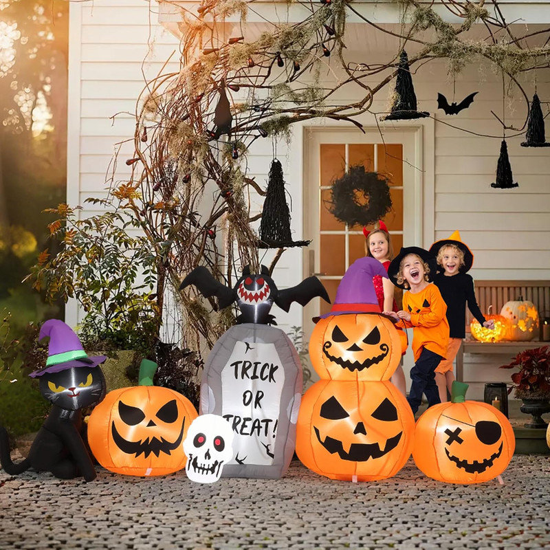 8 pieds d'Halloween gonflables avec lumières DEL, pierre tombale chauve-souris noire pour décoration de jardin