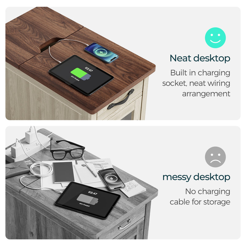 End Table With Storage And Charging Station Set Of 2, Brown/Light Gray