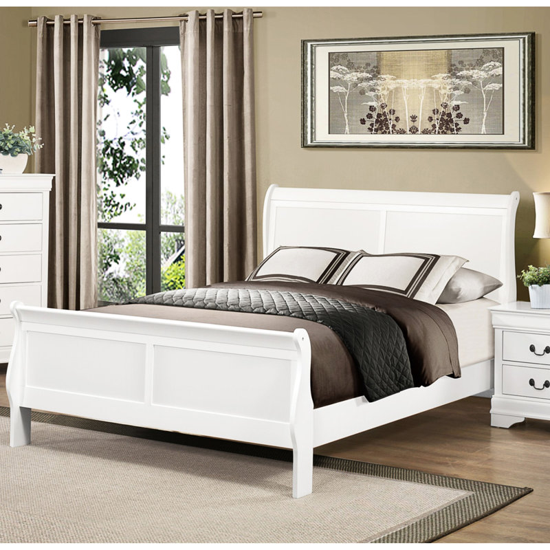 Lit classique, grand lit blanc, cadre en bois avec tête de lit et tête de lit à rails, Grand lit, Blanc