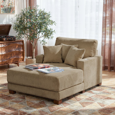 Upholstered Faux Fur Chaise Lounge Sofa Bed Couch With Cup Holder And Throw Pillows