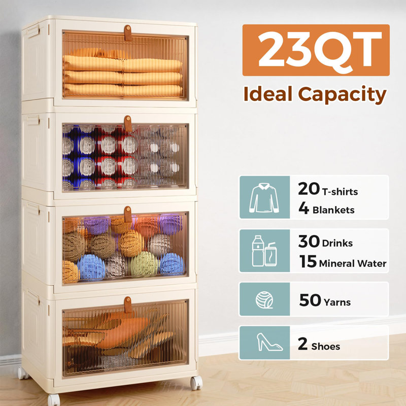 4 Tier Stackable Plastic Storage Bins with Lid and Wheels - 23 QT Closet Organizers and Storage, Foldable Storage Containers, Organization and Storage Boxes for Craft, Home, Pantry, Dorm
