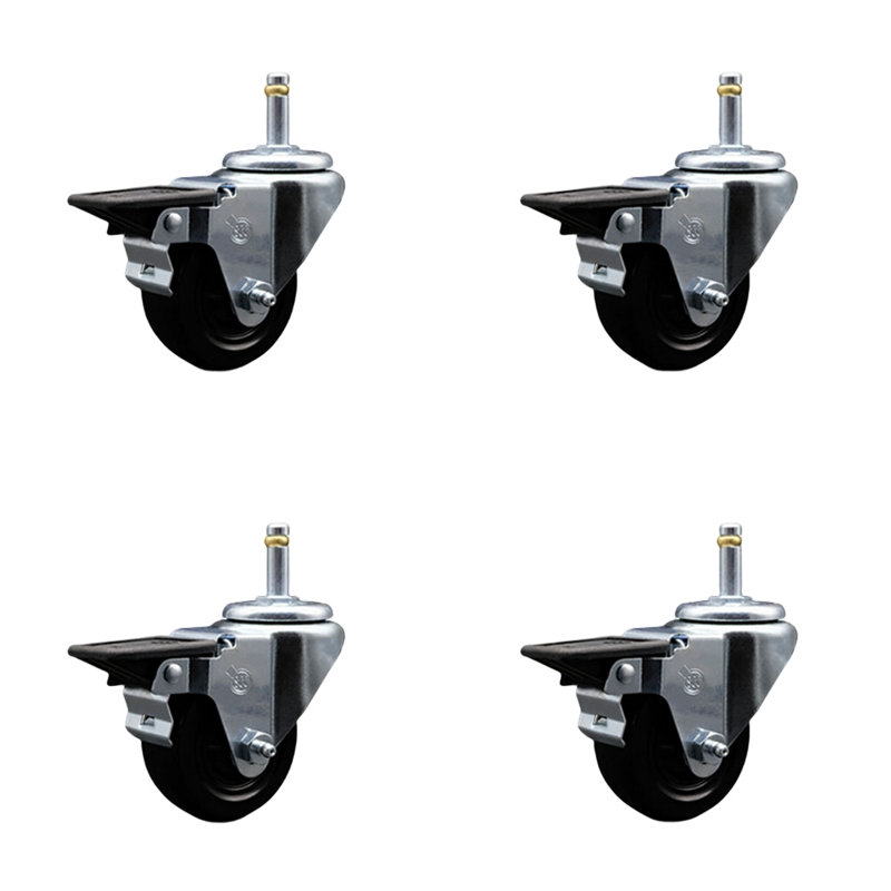 3 Inch Hard Rubber Wheel Swivel 7/16 Inch Grip Ring Stem Caster Set Service Caster