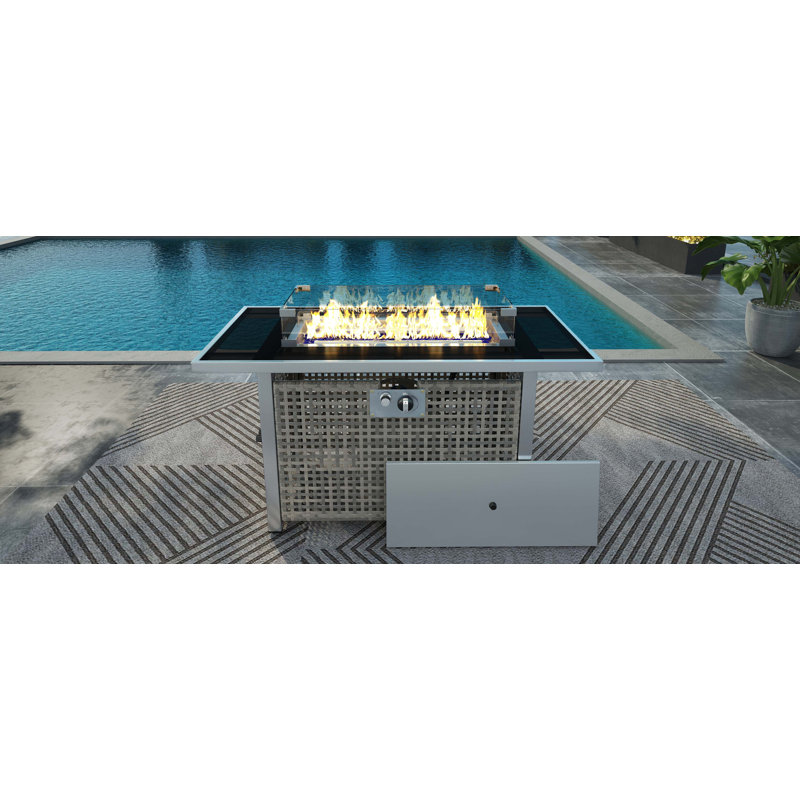 Foyer de table 43 po au gaz propane, foyer rectangulaire en osier à tissage ouvert de 60000 BTU avec pare-vent en verre pour terrasse de jardin