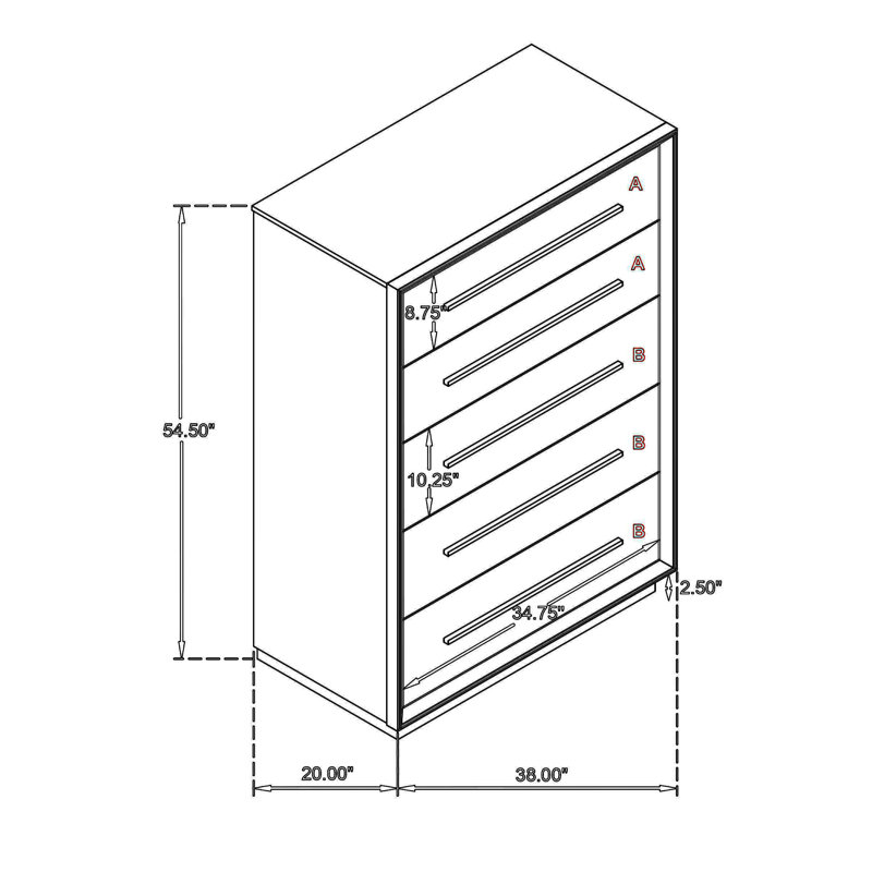 Commode haute Lyni, 5 tiroirs, tablette ouverte, chêne blanchi