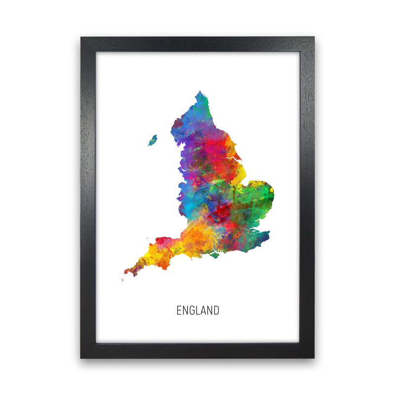 England Watercolour Map by Michael Tompsett - 1 Piece Wall Art, 63cm H x 46cm W x 3cm D, Black Framed