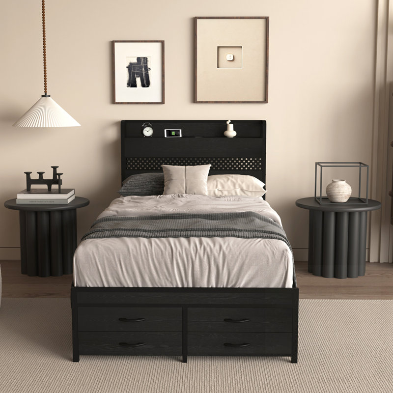 Structure de lit plateforme en métal avec tiroirs de rangement, lumières DEL et station de charge pour une efficacité accrue dans la chambre à coucher