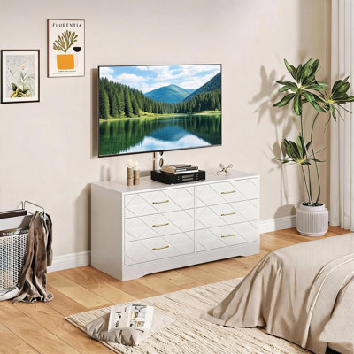 Meuble télé Farmhouse avec support télé réglable en hauteur, centre de divertissement en bois à 6 tiroirs pour téléviseurs de 32 à 85 po, console multimédia pour le salon