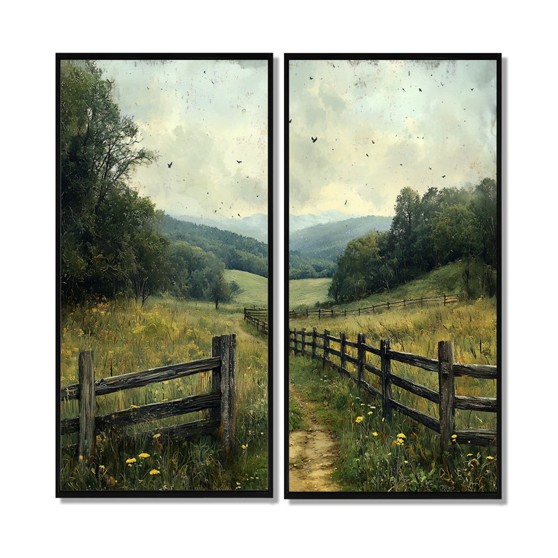 Green Peaceful Valley II - ferme, paysage mural, décoration murale, 2 pièces, H 32 po x l 32 po, Noir