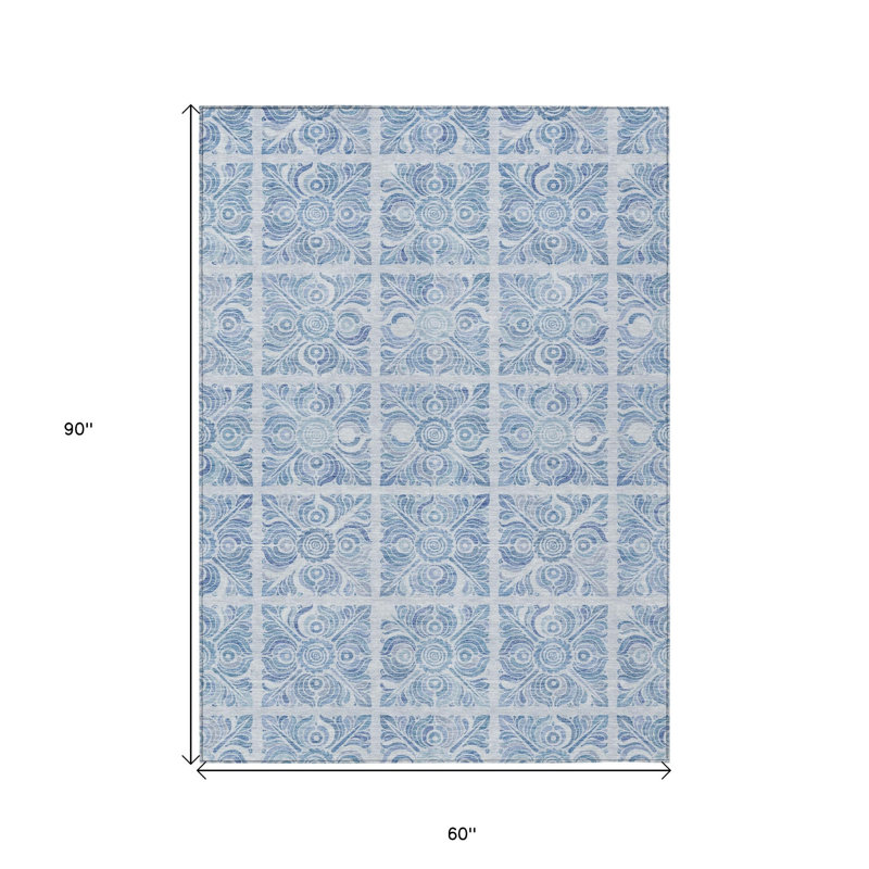 Tapis intérieur / extérieur lavable 5 pi x 8 pi bleu médaillon bleu ciel et denim