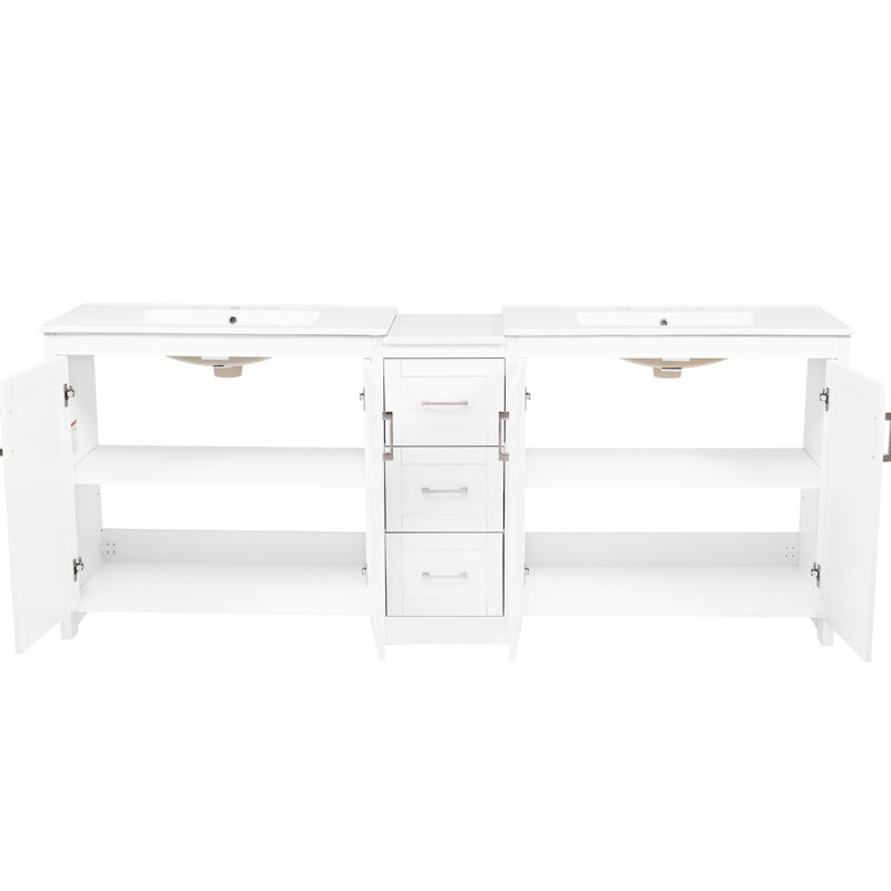84" Double - Sink Bathroom Vanity In White Featuring Quartz Top, 2 Ceramic Basins, Adjustable Shelving, 3 Drawers And Smooth Closing Hinges For Efficient Use Of Colour With Surface, Storage Space,