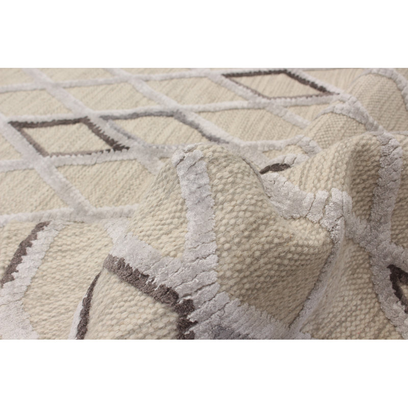 Tapis kaki clair en laine et soie tissés à plat Friese, Rectangle 5 pi x 8 pi