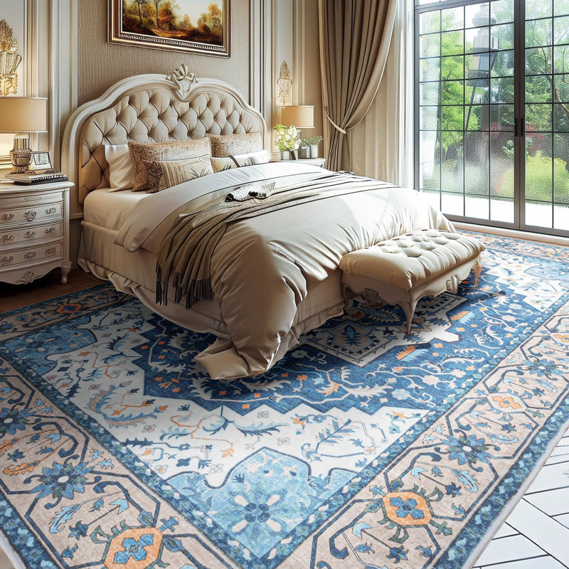 5x7 Blue Machine Washable Faux-Wool Vintage Floral Indoor Area Rug, Rectangle 5' x 7', Blue