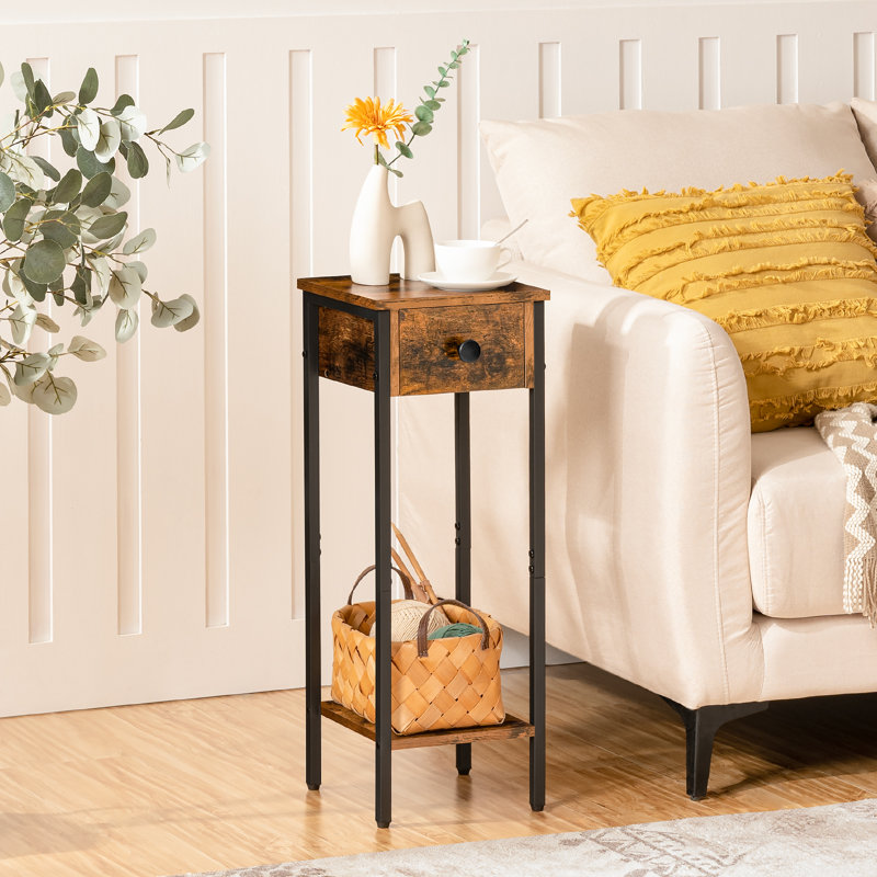 Slim Bedside Side Table with Storage, Black/Rustic Brown