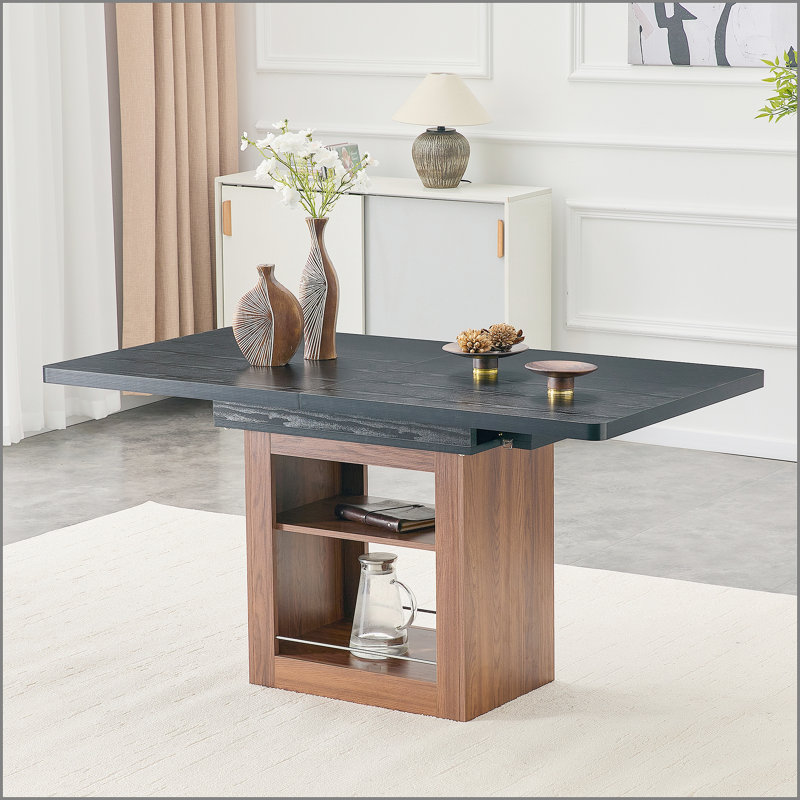 Une table de salle à manger extensible avec espace de rangement et une table de salle à manger extensible de 59 à 71 pouces. Table rectangulaire noire avec cadre en panneau de fibres à densité moyenne de couleur noyer pouvant accueillir 4 à 8 personnes