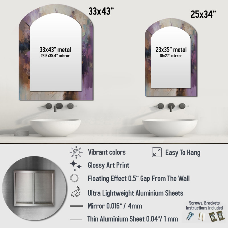 Purple Minimalims Enchantment - Marble Asymmetrical Large Mirror, Modern Arch Decorative Wall Mirror, Printed Metal Art