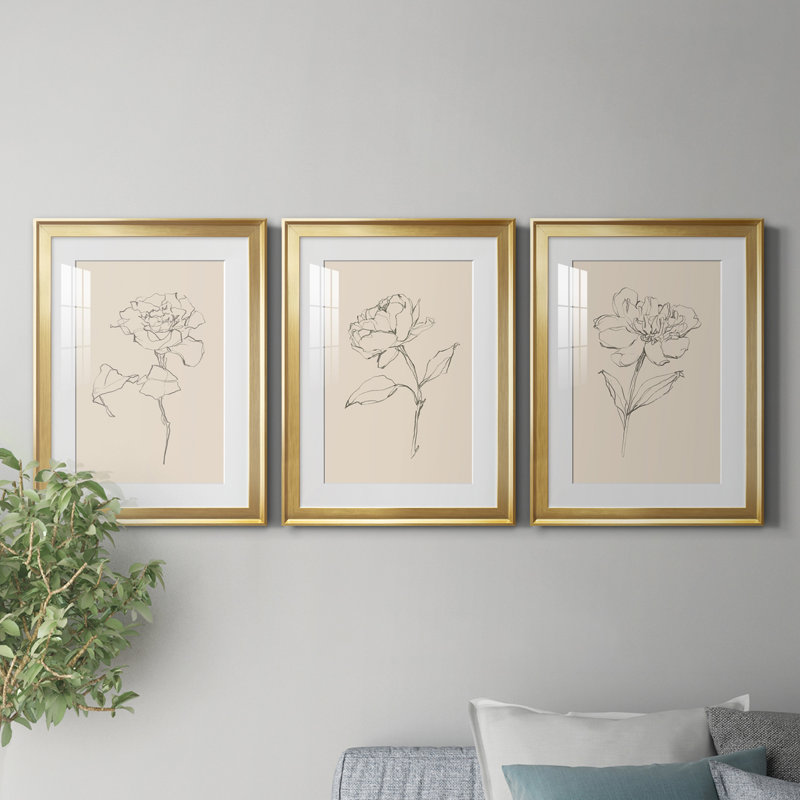 " Floral Contour Study I " 3 - Pieces Painting Print, Gold, 24.5" H x 18.5" W x 1" D, White