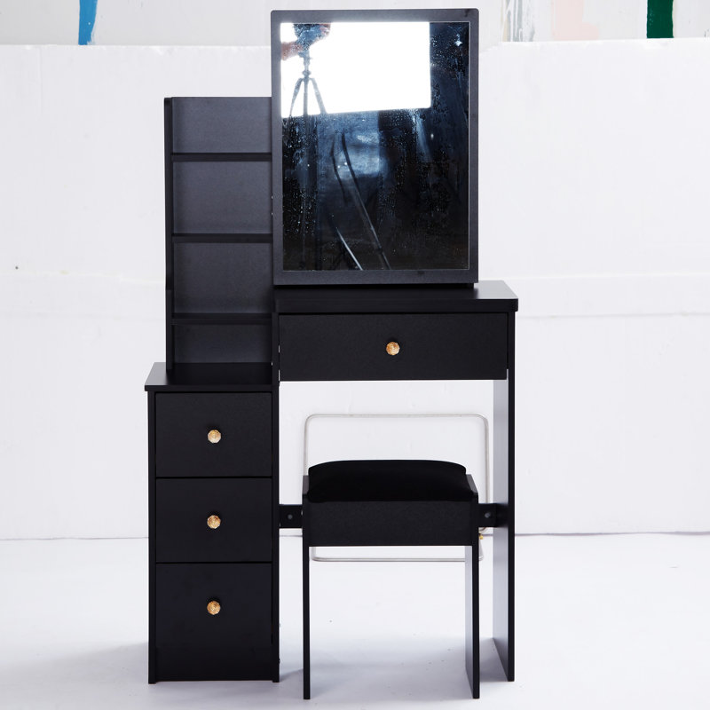 29.2" Small Space Left Bedside Cabinet Vanity Table + Cushioned Stool, Black