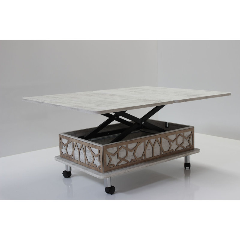 Table basse Mid-Century moderne à plateau relevable avec rangement géométrique / treillis, Blanc antique