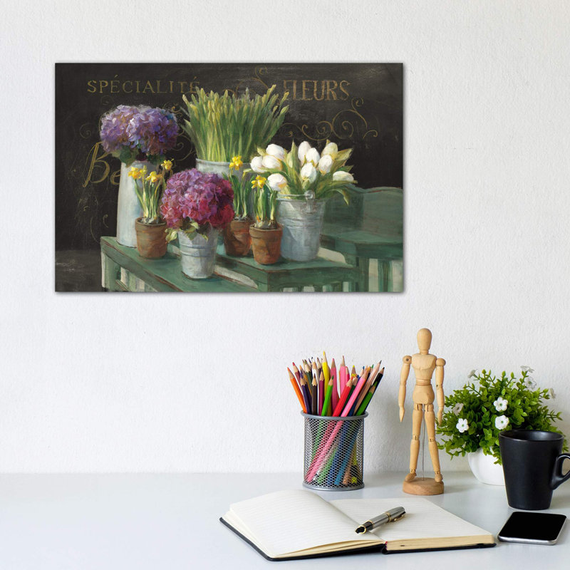 Les Fleurs Printemps on Black 1 Piece Wrapped Canvas Painting, 20.32 cm H x 30.48 cm W