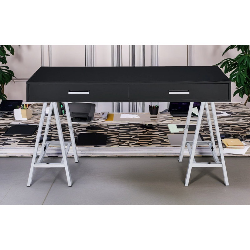 Chaely Solid Wood Top Metal Base Writing Desk with Power Outlet, Black