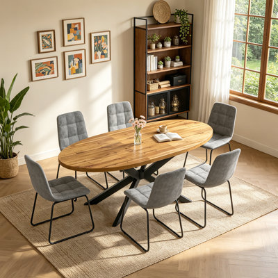 63.1"-78.8" Extendable Round Dining Table Set, 7-Piece Oval Kitchen Table with 6 Upholstered Dining Chairs 