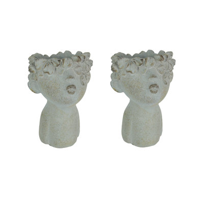 Pots de fleurs rustiques et fantaisistes en béton blanc vieilli, en forme de tête de bisou, lot de 2, pour plantes grasses et fleurs — 18 cm H x 13 cm L x 12 cm l