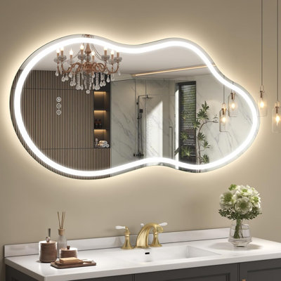 40x24 Irregular Led Lighted Bathroom Vanity Mirror | Asymmetrical, Cloud Shape, Front lighted + Backlit, Anti-Fog, 3 Colors, Dimmable, Memory, Tempered Glass, UL