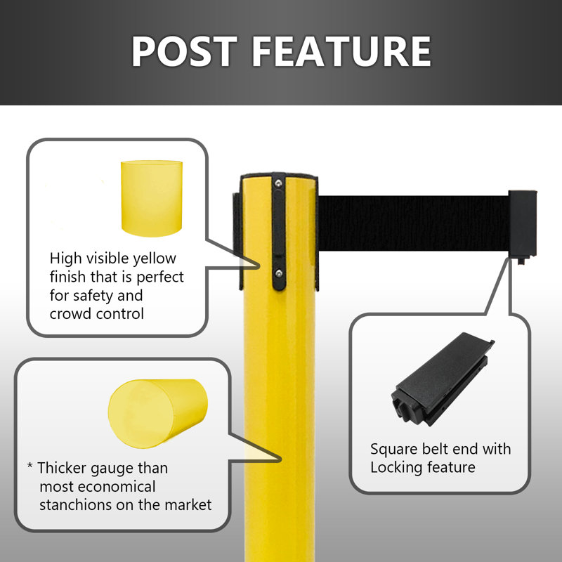 36" Retractable Belt Queue Safety Stanchion Barrier (2 Posts w/78" Red Belt), Yellow