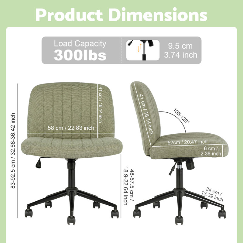 Wide Seat Cross Legged Office Chair,Armless Office Chairs with Wheels, Adjustable Height&Titlt Vanity Chairs Swivel Desk Chair,Ergonomic Mid Back Computer Chair for Bedroom Office (Grass Green)