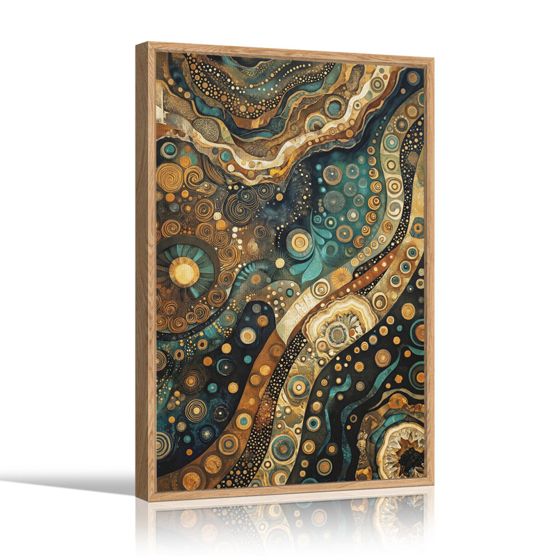 Tableau abstrait à motifs de cercles tourbillonnants turquoise et or sur toile, H 36 po x l 24 po