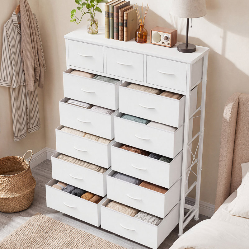  Commode haute 13 tiroirs en tissu, tour de rangement moderne, Blanc